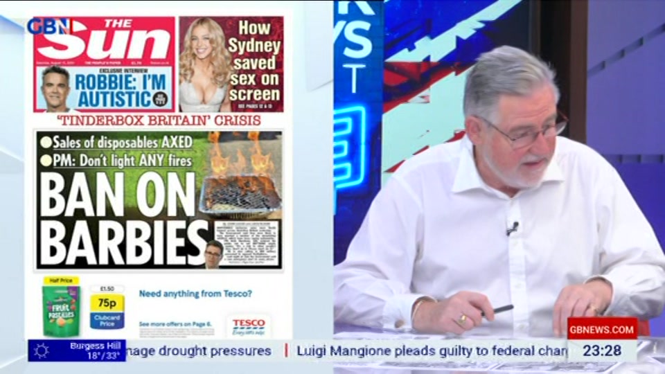 Broadcast still at 28m. GB News, New: Patrick Christys Tonight Late..., 14 August 2026.