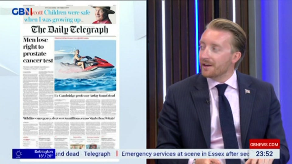 Broadcast still at 52m. GB News, New: Patrick Christys Tonight Late..., 14 August 2026.