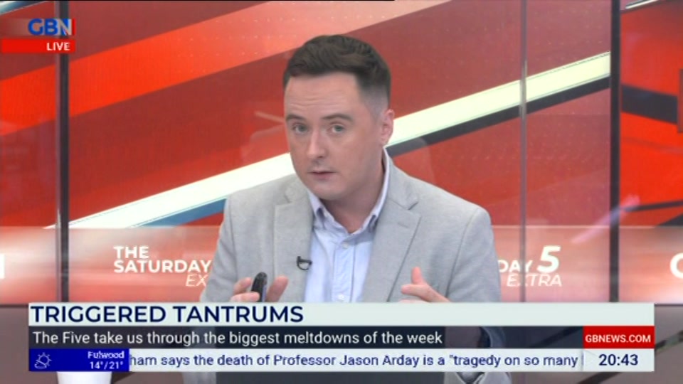 Broadcast still at 43m. GB News, New: The Saturday Five Extra, 15 August 2026.