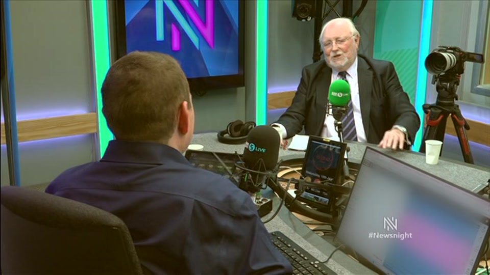 Broadcast still at 16m. BBC TWO, Newsnight, followed by Weather, 15 July 2026.