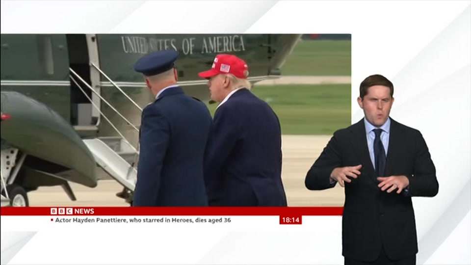 Broadcast still at 14m. BBC News, Signed: BBC News at Six, 17 August 2026.