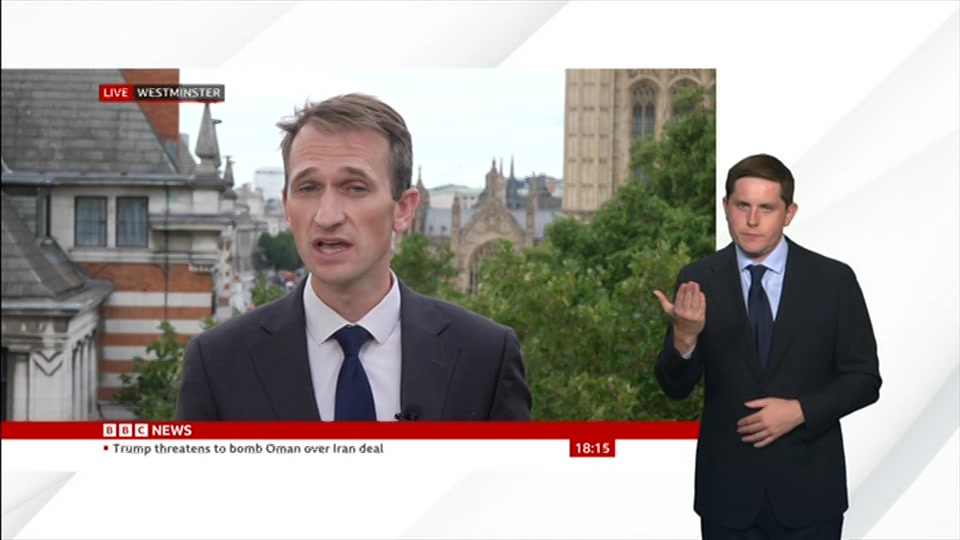 Broadcast still at 15m. BBC News, Signed: BBC News at Six, 17 August 2026.