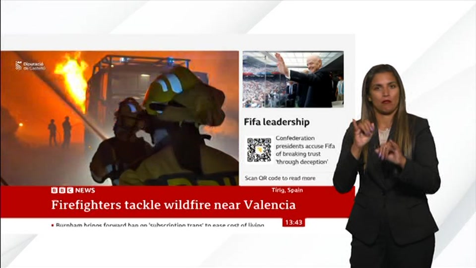 Broadcast still at 13m. BBC NEWS, Signed: BBC News Now, 10 August 2026.