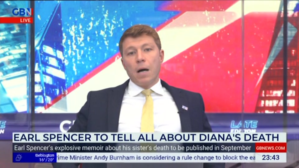 Broadcast still at 43m. GB News, New: Patrick Christys Tonight Late..., 18 August 2026.