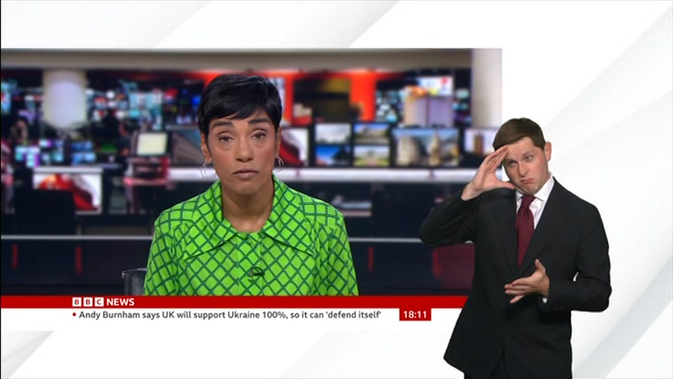 Broadcast still at 11m. BBC News, Signed: BBC News at Six, 18 August 2026.