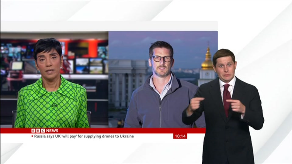 Broadcast still at 14m. BBC News, Signed: BBC News at Six, 18 August 2026.