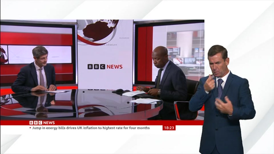 Broadcast still at 23m. BBC News, Signed: BBC News at Six, 19 August 2026.