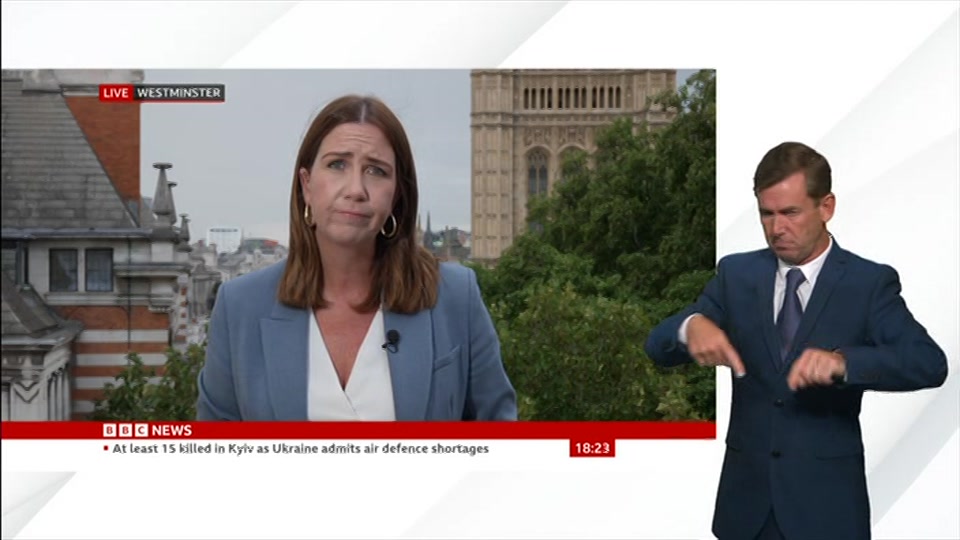 Broadcast still at 23m. BBC News, Signed: BBC News at Six, 20 August 2026.