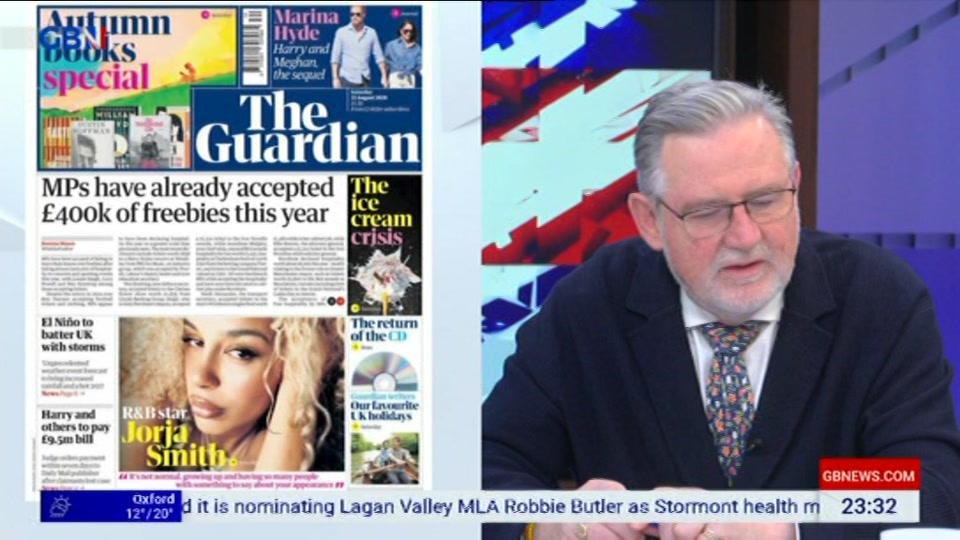Broadcast still at 32m. GB News, New: Patrick Christys Tonight Late..., 21 August 2026.
