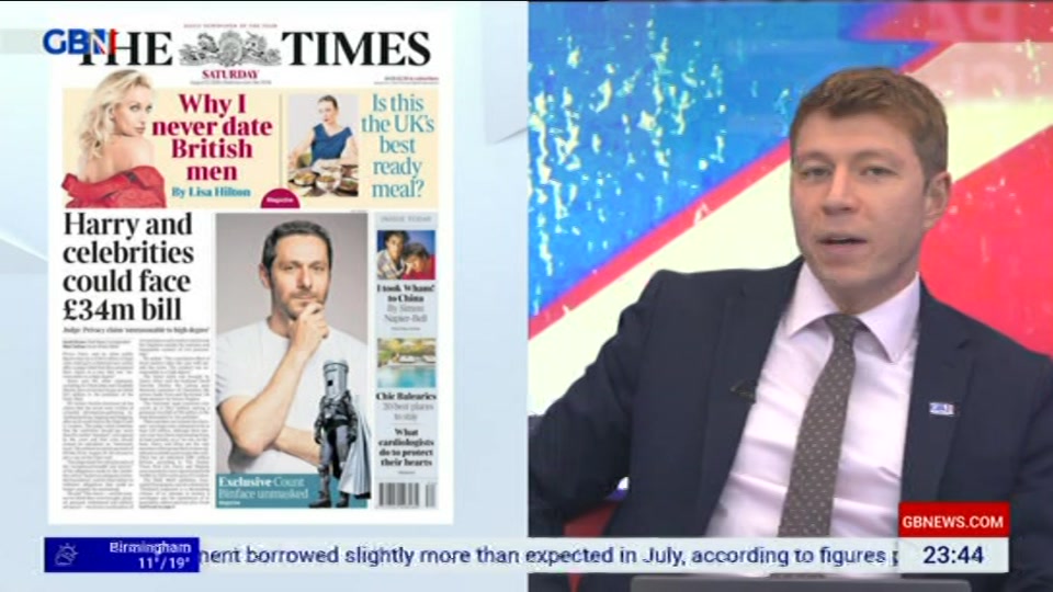Broadcast still at 44m. GB News, New: Patrick Christys Tonight Late..., 21 August 2026.